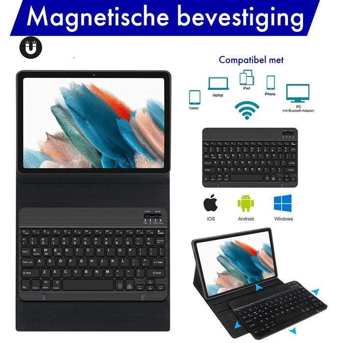 Samsung Tab A8 Hoes met Toetsenbord - Leer - Keyboard case voor Samsung Galaxy Tab A8 (10.5 inch) - SM-X200, SM-X205 - Tablet Hoesje met Toetsenbord - Donker Blauw - Bluetooth Toetsenbord Tablet - Samsung Toetsenbord