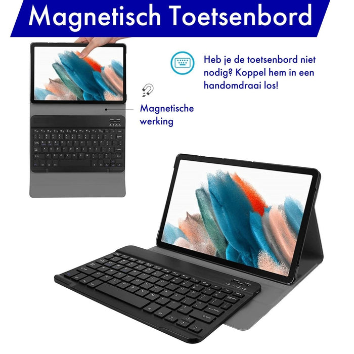 Samsung Tab A8 Hoes met Toetsenbord - Leer - Keyboard case voor Samsung Galaxy Tab A8 (10.5 inch) - SM-X200, SM-X205 - Tablet Hoesje met Toetsenbord - Zwart - Bluetooth Toetsenbord Tablet - Samsung Toetsenbord