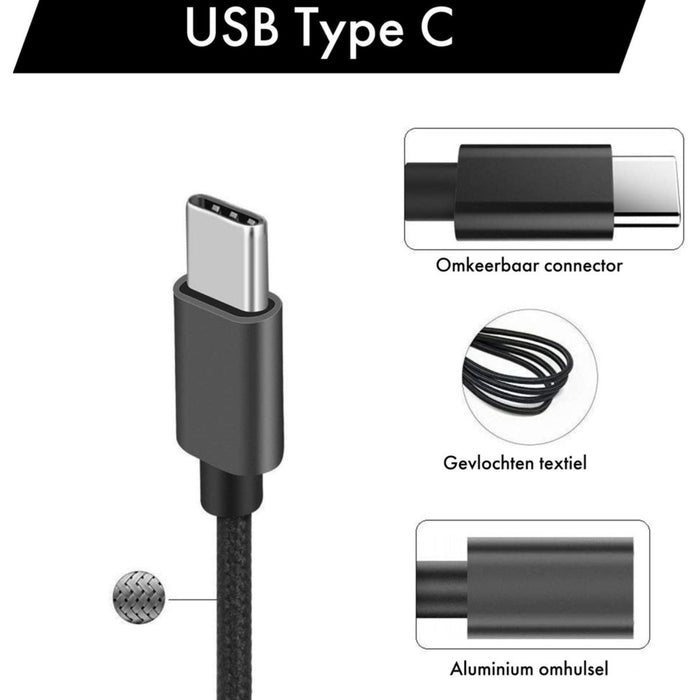 Snellader + Gevlochten USB C Kabel 2 Meter - Samsung 15W Snellaadfunctie - Gecertificeerde USB Adapter + USB-C Oplader - Zwart