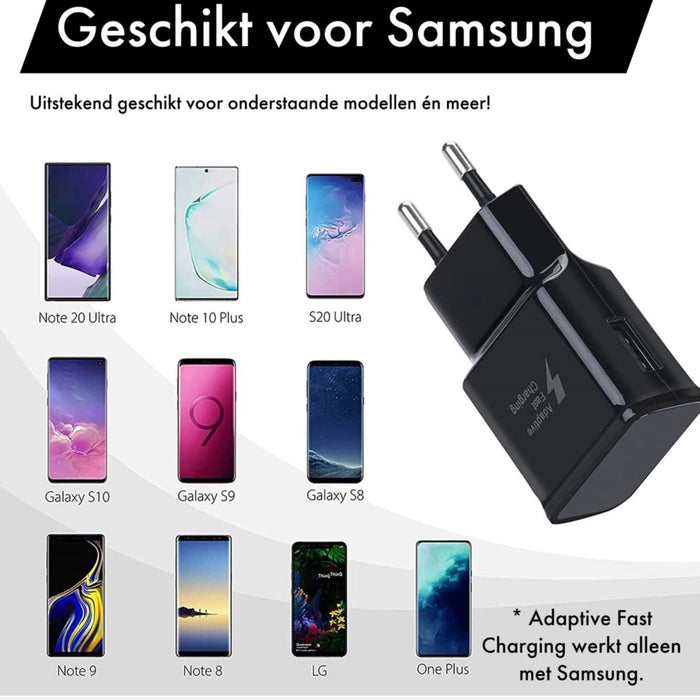 Snellader + Gevlochten USB C Kabel 2 Meter - Samsung 15W Snellaadfunctie - Gecertificeerde USB Adapter + USB-C Oplader - Zwart