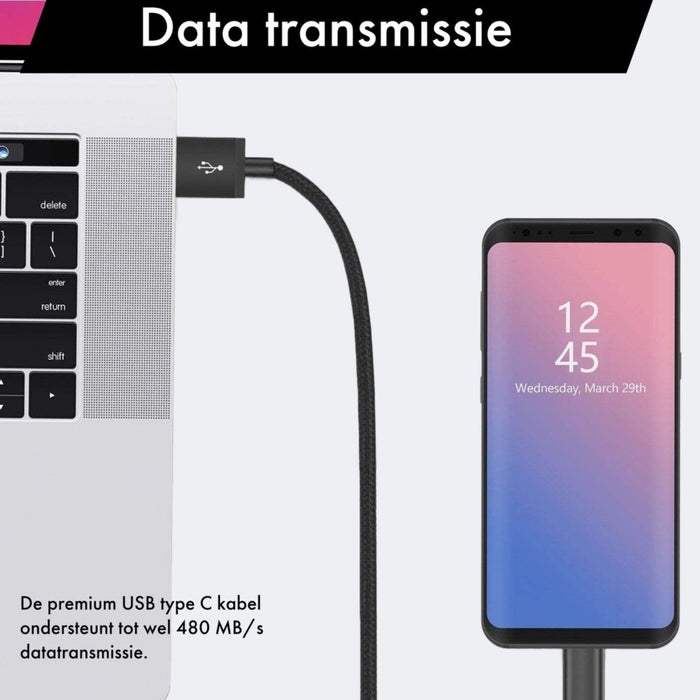 Snellader + Gevlochten USB C Kabel 3 Meter - Samsung 15W Snellaadfunctie - Gecertificeerde USB Adapter + USB-C Oplader - Zwart