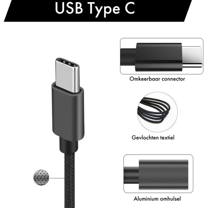 Snellader + Gevlochten USB C Kabel 3 Meter - Samsung 15W Snellaadfunctie - Gecertificeerde USB Adapter + USB-C Oplader - Zwart