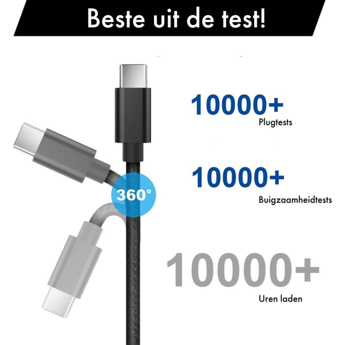 Snellader + Gevlochten USB C Kabel - Samsung 15W Snellaadfunctie - Gecertificeerde USB Adapter + USB-C Oplader - Zwart