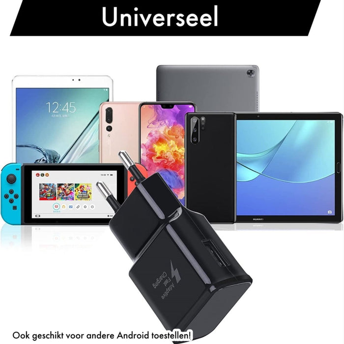 Snellader + Gevlochten USB C Kabel - Samsung 15W Snellaadfunctie - Gecertificeerde USB Adapter + USB-C Oplader - Zwart