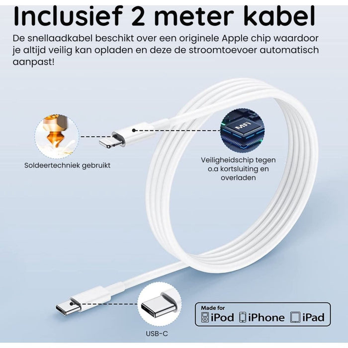 Snellader iPhone + Oplader Kabel 2 Meter - USB C - Voor iPhone 11, 12, 13 en 14, iPad Air en iPad 10.2