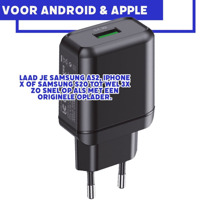 Snellader met USB-C Kabel voor Samsung S21/S20/S10/A51/A53/S22/A13/A50/S9/A52 - Quick Charge 18W - Gecertificeerde USB Adapter met USB-C Kabel