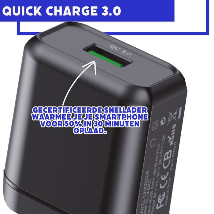 Snellader met USB-C Kabel voor Samsung S21/S20/S10/A51/A53/S22/A13/A50/S9/A52 - Quick Charge 18W - Gecertificeerde USB Adapter met USB-C Kabel