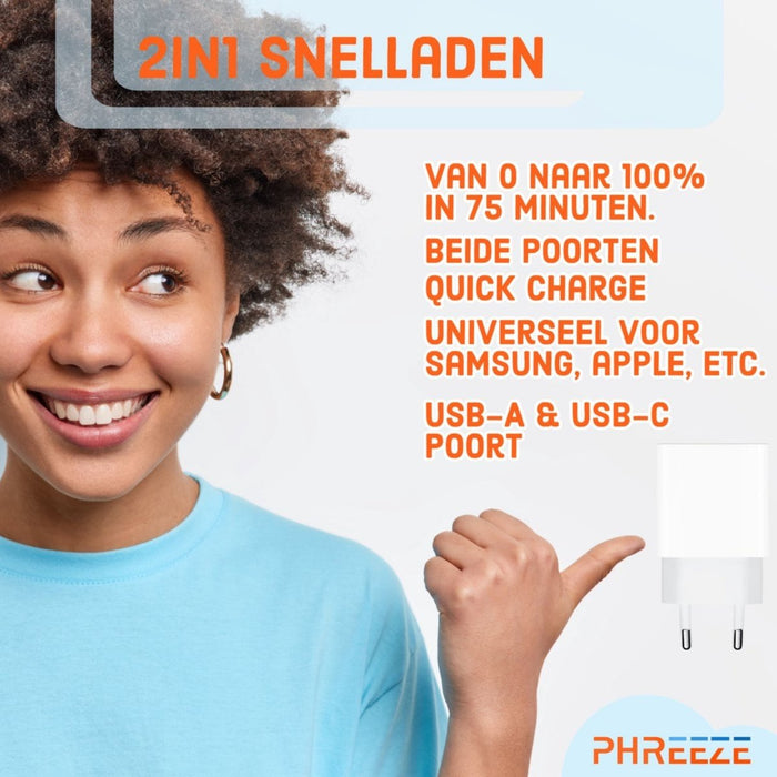 Snellader USB-C & USB-A met USB-C to Apple Lightning Kabel 2 Meter - Oplaadstekker + iPhone Kabel - Adapter USB-C & USB-A Snellader (iPhone 12 & 13) - MagSafe Oplader - Samsung Lader - Android - Oplader Telefoon