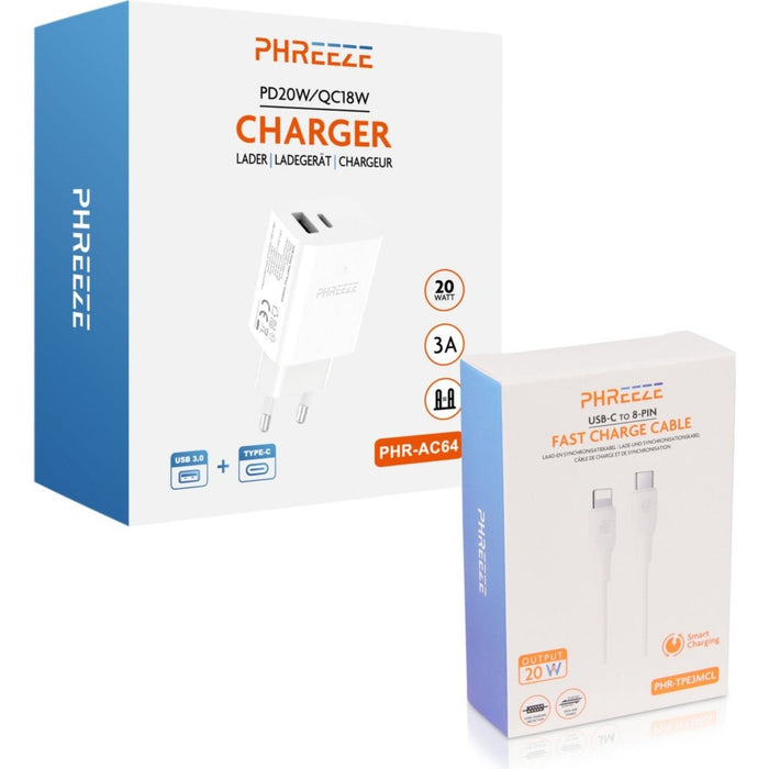 Snellader USB-C & USB-A met USB-C to Apple Lightning Kabel 2 Meter - Oplaadstekker + iPhone Kabel - Adapter USB-C & USB-A Snellader (iPhone 12 & 13) - MagSafe Oplader - Samsung Lader - Android - Oplader Telefoon