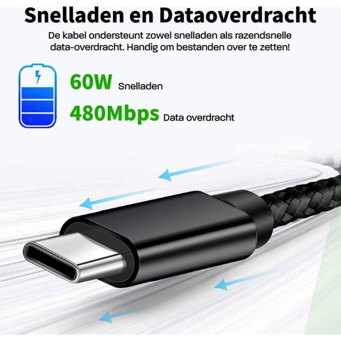 Snelle Dubbele USB-C Oplader + 3 Meter Gevlochten Kabel - Snellader Samsung - 35W GaN Technologie - Geschikt voor Samsung Galaxy A54, S23, Tab A8 2022 en meer - Zwart - Phreeze