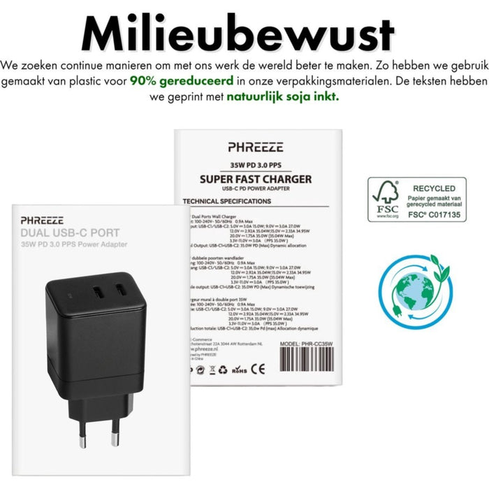 Snelle Dubbele USB-C Oplader + 3 Meter Gevlochten Kabel - Snellader Samsung - 35W GaN Technologie - Geschikt voor Samsung Galaxy A54, S23, Tab A8 2022 en meer - Zwart - Phreeze