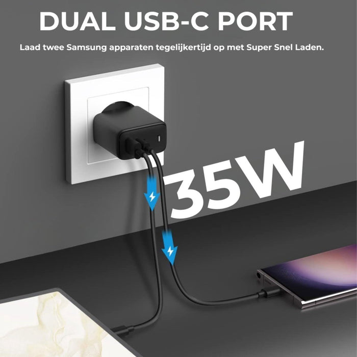 Snelle Dubbele USB-C Oplader + 3 Meter Gevlochten Kabel - Snellader Samsung - 35W GaN Technologie - Geschikt voor Samsung Galaxy A54, S23, Tab A8 2022 en meer - Zwart - Phreeze