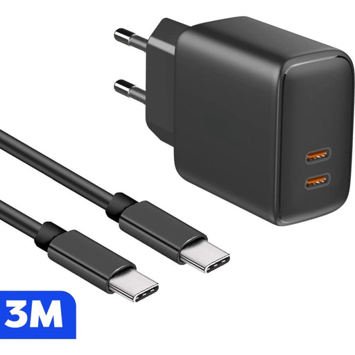 Snelle Dubbele USB-C Oplader + 3 Meter Gevlochten Kabel - Snellader Samsung - 35W GaN Technologie - Geschikt voor Samsung Galaxy A54, S23, Tab A8 2022 en meer - Zwart - Phreeze