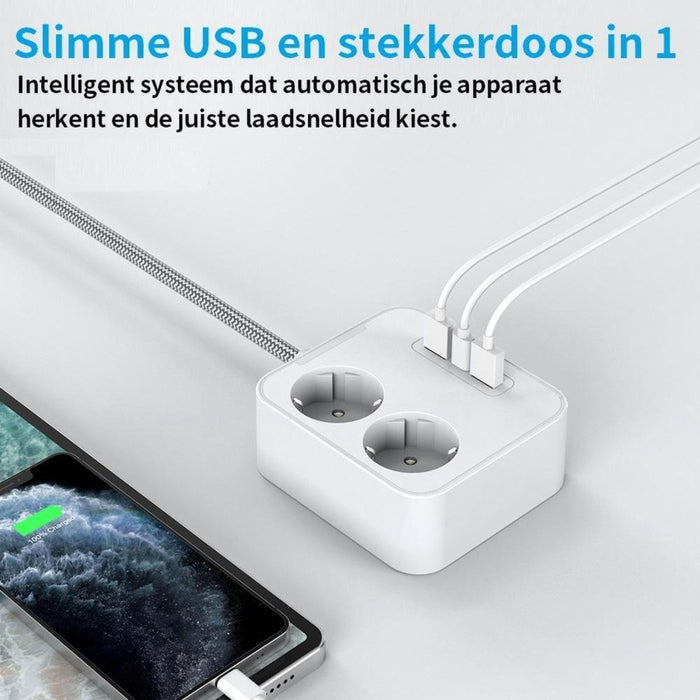 Stekkerdoos met 2 Stopcontacten en 3 USB Poorten - Randaarde - 1.6M Verlengsnoer - Verdeelstekker – Verlengkabel - Stopcontact met beveiliging – Aan en uitschakelaar – Compatibel voor Samsung Huawei Apple en HTC