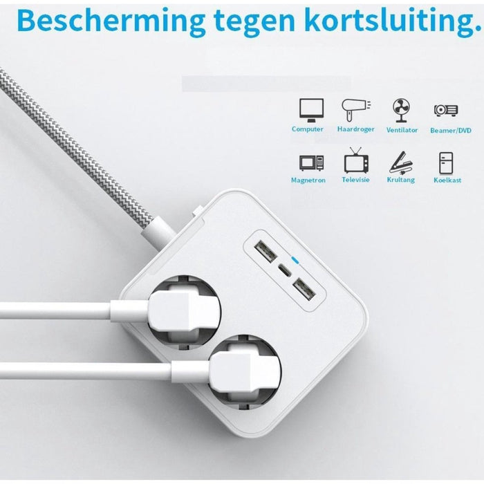 Stekkerdoos met 2 Stopcontacten en 3 USB Poorten - Randaarde - 1.6M Verlengsnoer - Verdeelstekker – Verlengkabel - Stopcontact met beveiliging – Aan en uitschakelaar – Compatibel voor Samsung Huawei Apple en HTC