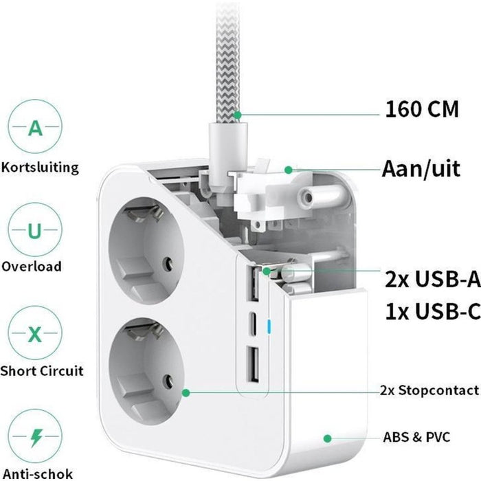 Stekkerdoos met 2 Stopcontacten en 3 USB Poorten - Randaarde - 1.6M Verlengsnoer - Verdeelstekker – Verlengkabel - Stopcontact met beveiliging – Aan en uitschakelaar – Compatibel voor Samsung Huawei Apple en HTC