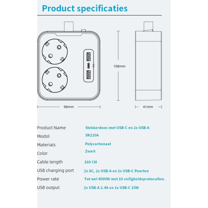 Stekkerdoos met 2 Stopcontacten en 3 USB Poorten - Randaarde - 1.6M Verlengsnoer - Verdeelstekker – Verlengkabel - Stopcontact met beveiliging – Aan en uitschakelaar – Compatibel voor Samsung Huawei Apple en HTC