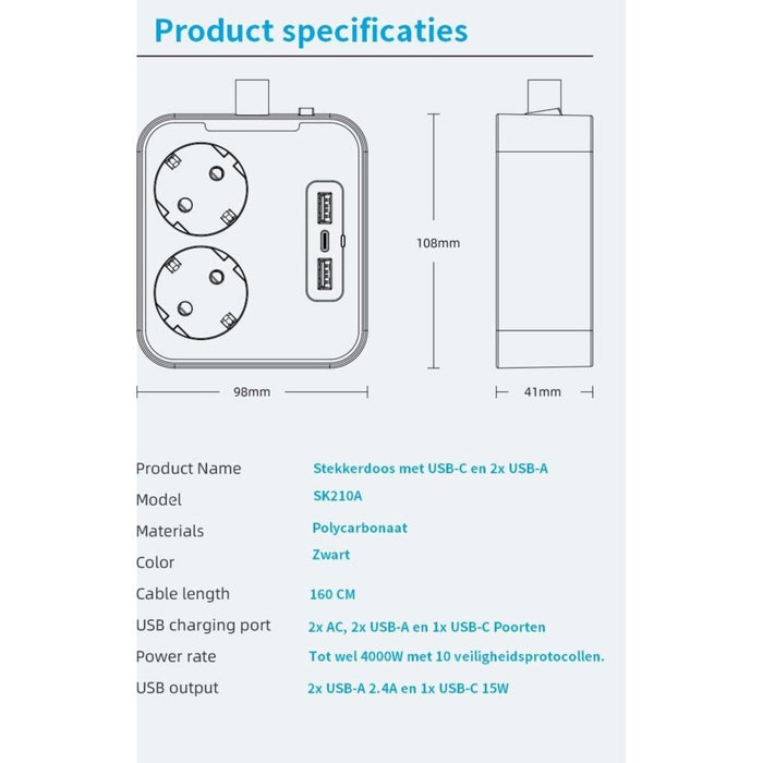 Stekkerdoos met 2 Stopcontacten en 3 USB Poorten - Randaarde - 1.6M Verlengsnoer - Verdeelstekker – Verlengkabel - Stopcontact met beveiliging – Aan en uitschakelaar – Compatibel voor Samsung Huawei Apple en HTC