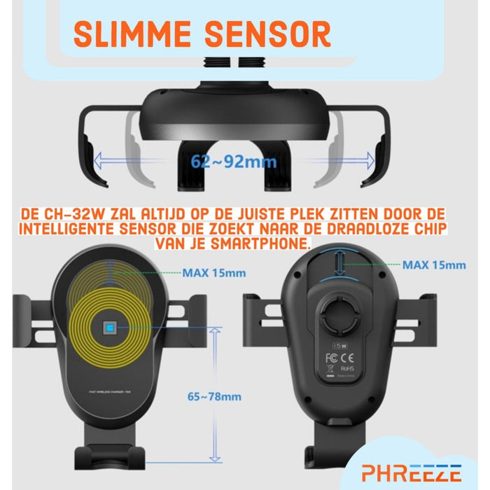 Telefoonhouder Auto met Draadloze Oplader & Infrarood Sensor (15 Watt Snellader) - Autolader Quick Charge voor Raam, Dashboard, Ventilatierooster en Bureau - Houder voor Samsung S21/S22 Android en Apple iPhone 8/10/11/12/13 - Zwart - Cadeau