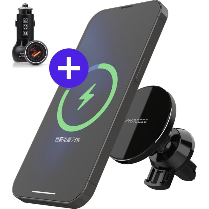 Telefoonhouder Auto met Draadloze Oplader (Magnetisch & 15 Watt Snellader) - Inclusief Quick Charge 3.0 Adapter - Autohouder & Autolader - Universeel - Voor iPhone, Samsung & Android