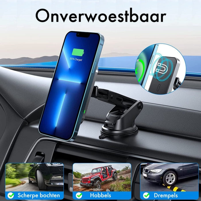 Telefoonhouders Auto met Zuignap + Ventilatierooster - MagSafe Autohouder - 15W Draadloos Snelladen - Geschikt voor iPhone 12/13/14 - Autolader voor Raam, Dashboard, Ventilatierooster en Bureau - GSM Houder Auto - Telefoonhouder Auto Ventilatie