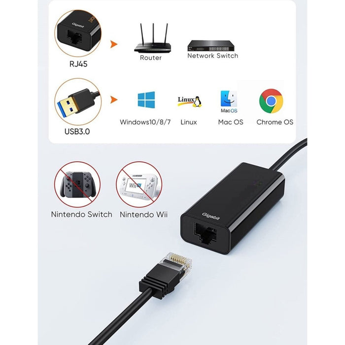 USB 3.0 Naar Ethernet Adapter - Ethernet Kabel naar USB - USB-A naar Internet Poort - 10/100/1000 Mbps Gigabit - Hoge Snelheid - Windows, Macbook, Linux, Nintendo Switch - Audio & Video - Phreeze