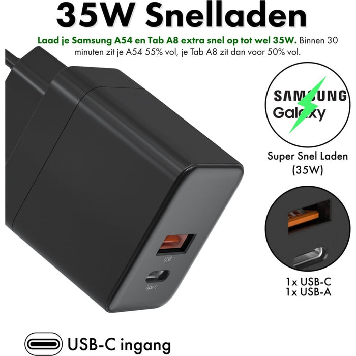 USB A en USB-C Adapter + USB-C Kabel - 35W Snellader - Ondersteunt Super Snel Laden (Samsung) - Geschikt voor o.a Samsung Galaxy S23 Ultra, A54,S22, S20 FE, S10, S9, A8, Tab S8, Tab S7 FE - Opladers - Phreeze
