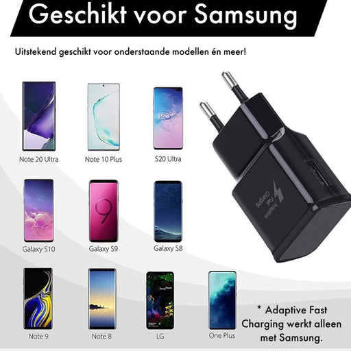 USB Adapter + Micro USB Kabel Samsung - Snellader - Adaptive Fast Charge - Geschikt voor Samsung S5/S6/S7/ S7 Edge, Note 5, A3, A5, A7, A8, A9, J1, J2, J3, J4, J5, J6, J7, J8, Tab S2, Tab A 8.0 (2017 - Opladers - Phreeze