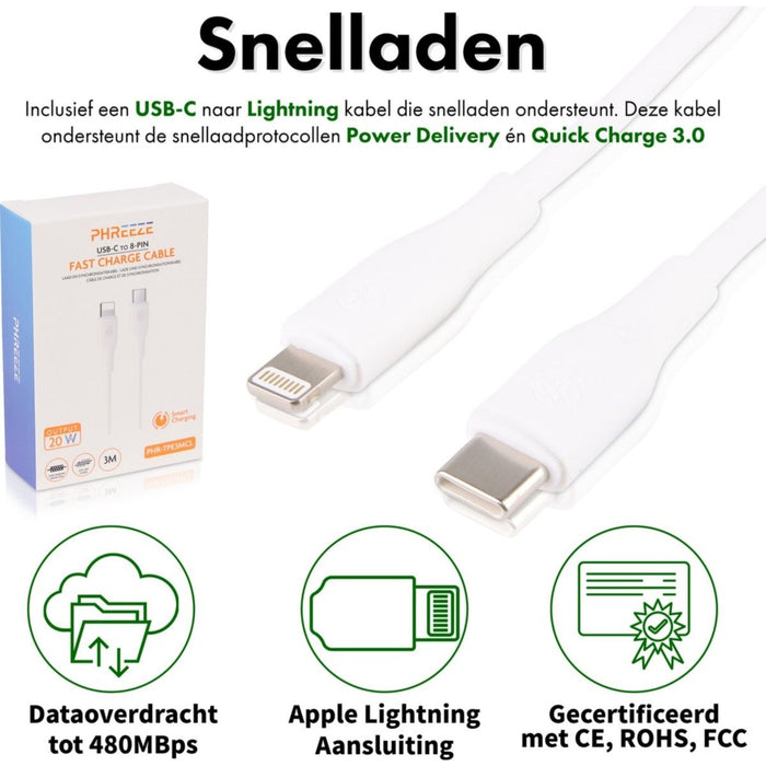 USB-C Adapter met Lightning naar USB-C kabel (1 meter) Geschikt voor iPhone 14,13,12,11 en iPad 2022, 2020, 2021, MacBook Air- iPhone Lader / iPhone oplader / iPhone Kabel / Adapter WIT - Opladers - Phreeze