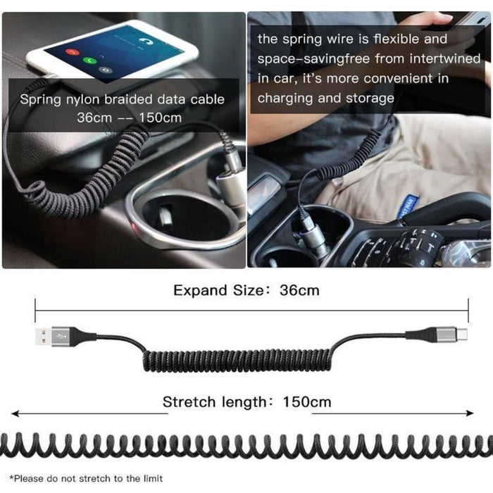 USB-C Data- en Laadkabel 1.5M - Uitrekbaar - Krulsnoer- 2.4A Snellader Kabel - Fast en Quick Charge Oplaadkabel - Type C Naar USB-A - Oplaadsnoer Telefoon - Laptop - Samsung Galaxy en Note - Sony - OnePlus - Gevlochten Nylon – Zwart