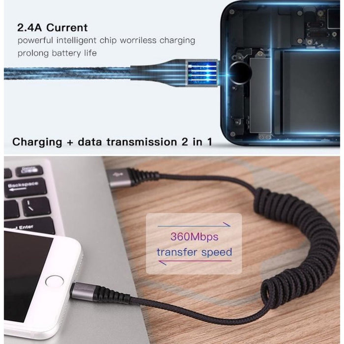 USB-C Data- en Laadkabel 1.5M - Uitrekbaar - Krulsnoer- 2.4A Snellader Kabel - Fast en Quick Charge Oplaadkabel - Type C Naar USB-A - Oplaadsnoer Telefoon - Laptop - Samsung Galaxy en Note - Sony - OnePlus - Gevlochten Nylon – Zwart