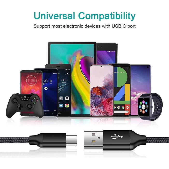 USB-C Data- en Laadkabel 3M - 2.4A Snellader Kabel - Fast en Quick Charge Oplaadkabel - Type C Naar USB-A - Oplaadsnoer Telefoon - Laptop - Samsung Galaxy en Note - Sony - OnePlus - Gevlochten Nylon – Zwart