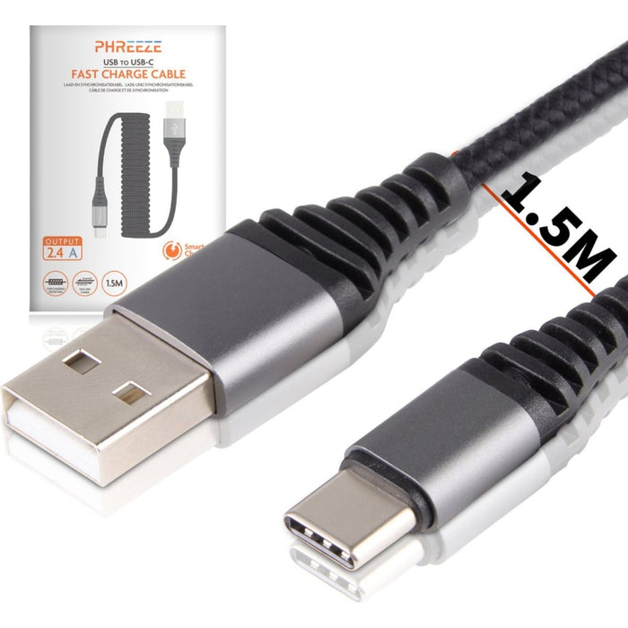 USB-C Kabel 1.5M - Autolader USB-C - Krulsnoer Type-C voor Auto - Gevlochten Nylon - Snellader Kabel - Fast en Quick Charge Oplaadkabel - Type C Naar USB-A - Oplaadsnoer Telefoon - Laptop