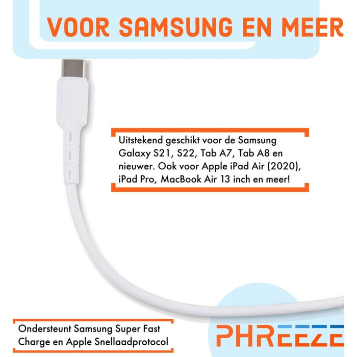 USB C Kabel - USB-C Oplader - 60W Type-C Kabel met Super Fast Charging - Snellaadfunctie Opladerkabel - Samsung Oplader - Samsung Oplaadkabel - Geschikt voor Samsung A12, S20, A52, A53, S22, S21, S20, S10, S22 Ultra, S22 Plus, Tab A8, S8, S7 - Kabels - Phreeze