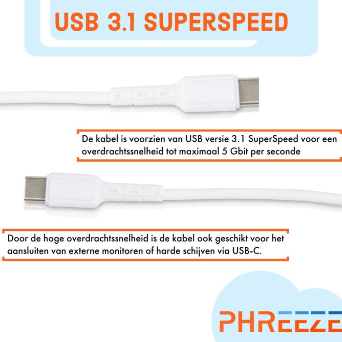 USB C Kabel - USB-C Oplader - 60W Type-C Kabel met Super Fast Charging - Snellaadfunctie Opladerkabel - Samsung Oplader - Samsung Oplaadkabel - Geschikt voor Samsung A12, S20, A52, A53, S22, S21, S20, S10, S22 Ultra, S22 Plus, Tab A8, S8, S7 - Kabels - Phreeze