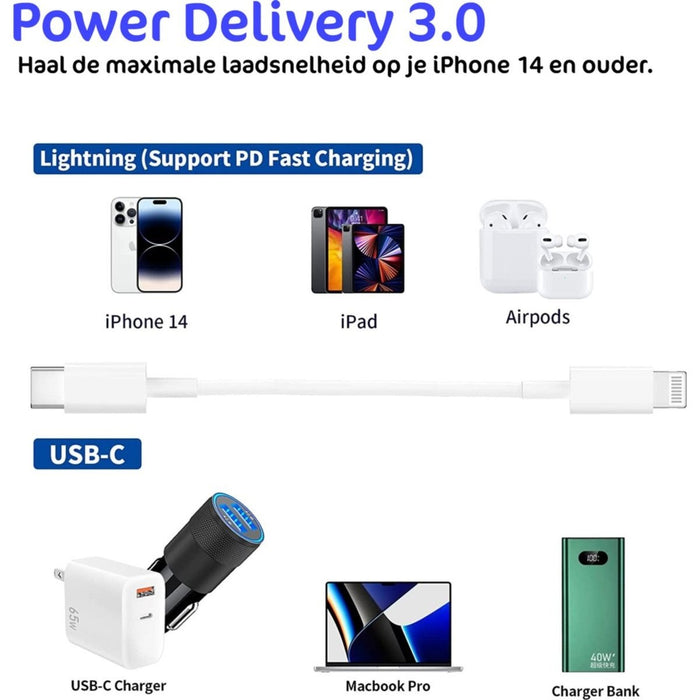 USB C Lightning Kabel Kort - 30 CM - Korte iPhone Oplader Kabel - Snellaadkabel - 20W - Wit - Kabels - Phreeze