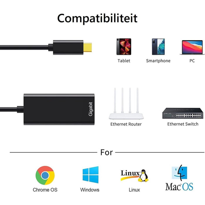 USB-C Naar Ethernet Adapter - Ethernet Kabel naar USB C - USB-C naar Internet Poort - 10/100/1000 Mbps Gigabit - Hoge Snelheid - Windows, Macbook, Linux, Nintendo Switch