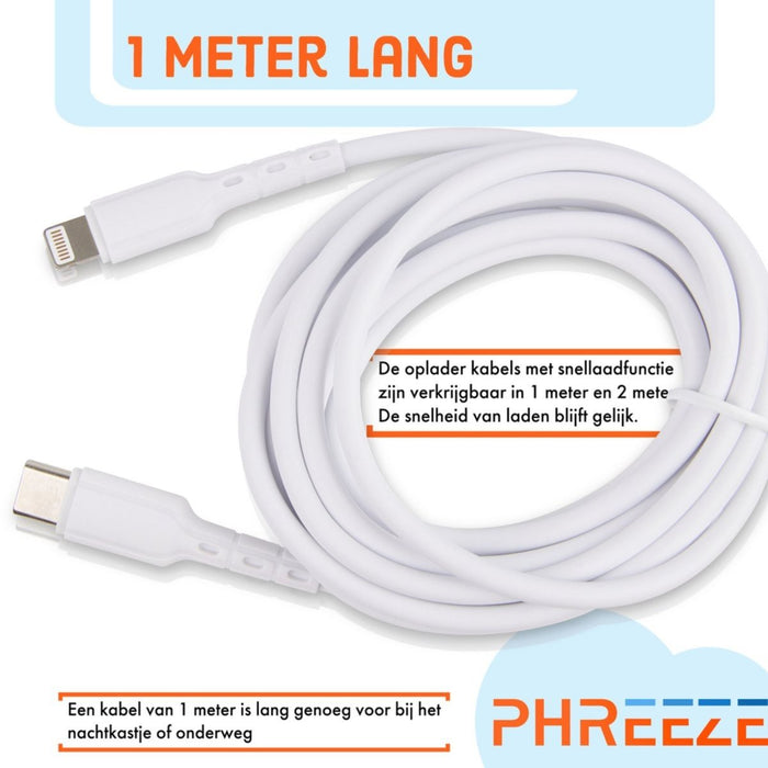 USB C naar Lightning kabel - 1M - Wit - Stevige kunststof kabel - Oplaadkabel iPhone - 480 Mbps - Sneller opladen - iPhone kabel - 3 PACK - Kabels - Phreeze