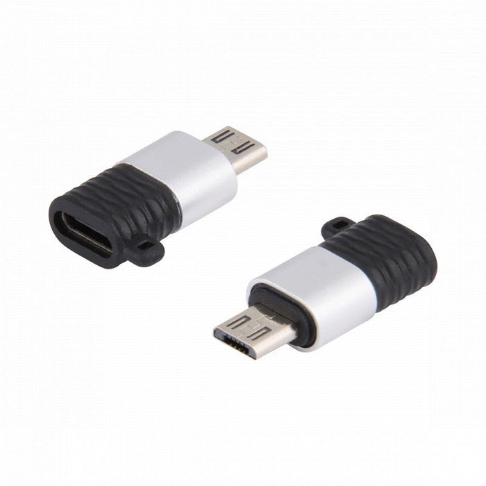 USB-C naar Micro-USB Adapter - Aluminium Design - USB C (Female) naar Micro USB B (Male) Phreeze™ Converter - Ondersteunt 2.4A snelladen en 480 Mbps data overdracht - Met Sleutelhanger - Zilver - OTG Adapters - Phreeze