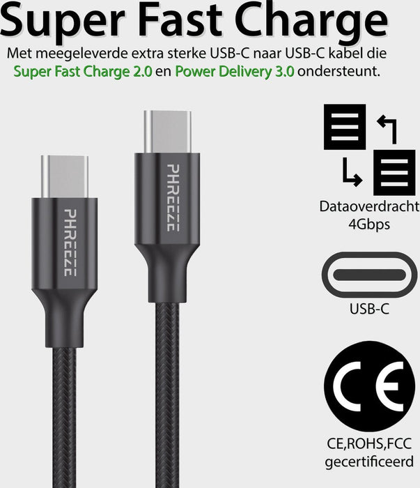 USB C Snellader + USB-C Kabel - 65W - Super Fast Charge 2.0 - GaN Technologie - Ultra Compact - 2 Meter - Extra Sterke Oplaadkabel - Geschikt voor Laptop, MacBook Pro, iPad Pro, Samsung S23 Ultra, S24 Ultra, A54 - Opladers - Phreeze
