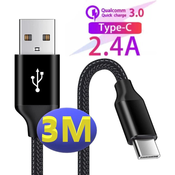 USB Data en Oplaadkabel – USB-C - 3M Kabel - 2.4A Snellaadfunctie - USB Charging Cable - Oplaadkabel Samsung - Samsung Oplader - Samsung Oplaadkabel - Samsung Oplaadkabel