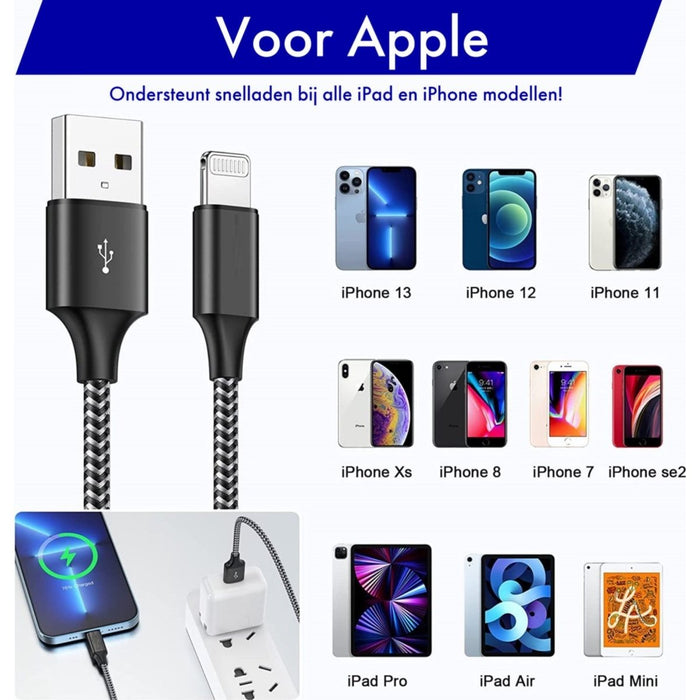 USB naar Apple Lightning Snellader - 2 Meter - iPhone en iPad Lader - Extra Sterk - 3PACK - Gecertificeerd - Oplader voor Apple iPhone en iPad
