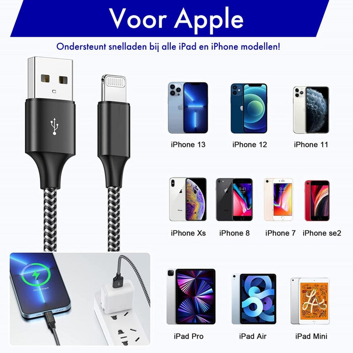 USB naar Lightning Snellader 2 Meter voor iPhone en iPad - Extra Sterk - 3PACK - Gecertificeerd - Oplader voor Apple iPhone en iPad