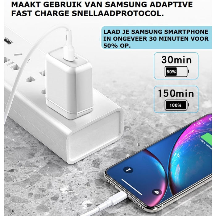 USB Oplaadstekker met USB-C Kabel 1 Meter - Snellaadfunctie - Oplaadsnoer - Snellaadfunctie - USB Oplader - Samsung Snellader - Oplader Samsung - Fast Charging - Samsung Adapter - Samsung Snellader - Adapter USB - Adapter Universeel - PowerPort