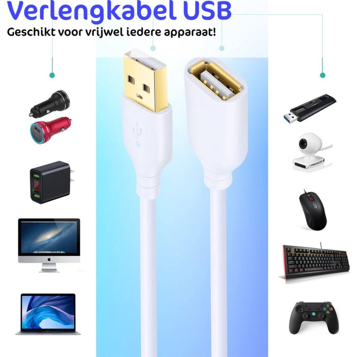USB Verlengkabel - 2 Meter - USB naar USB - USB A (Mannelijk) naar USB-A (Vrouwelijk) - USB 2.0 A