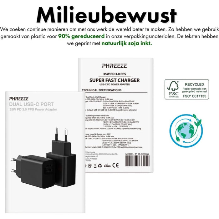 Zwarte iPhone Snellader (35W) - Inclusief Oplaadkabel van 3 meter - Geschikt voor Apple iPhone, iPad en MacBook - Phreeze